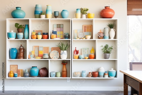 asymmetrical shelving units filled with colorful pottery