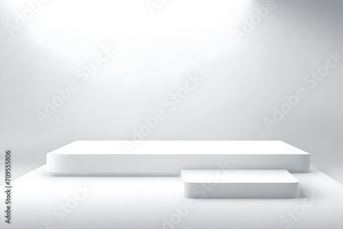 White studio background with abstract stand for product presentation, empty room with podium shadows, blurred backdrop for displaying product in soft .