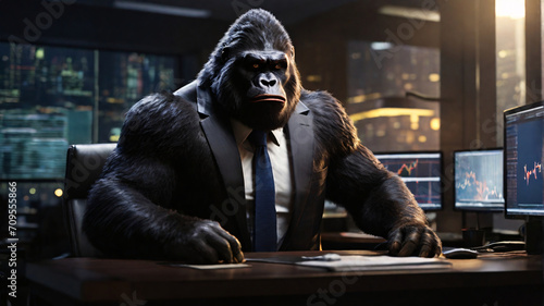 gorilla wearing suits in an office buying stocks seated in front of a commanding monitor