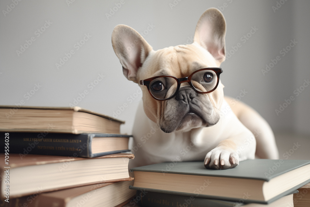 bulldog with glasses and books bulldog with glasses and books