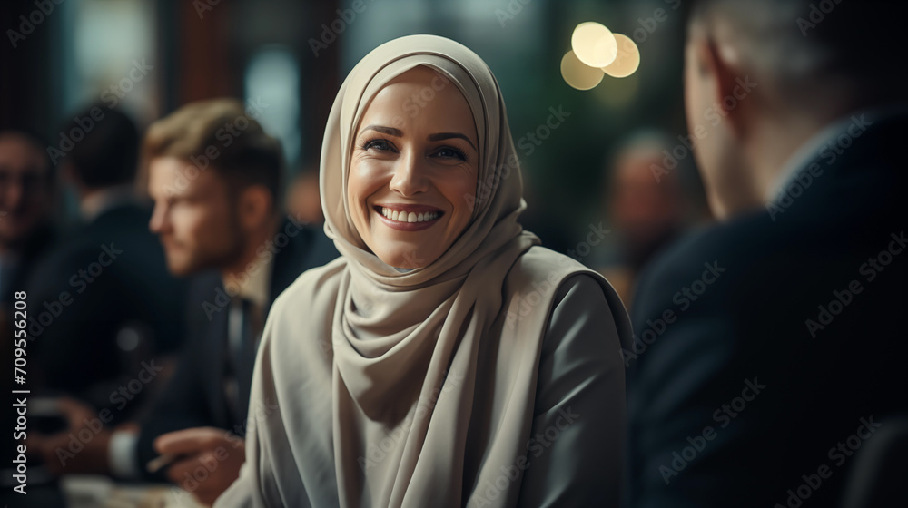 Portrait of muslin woman during business meeting - obrazy, fototapety, plakaty 