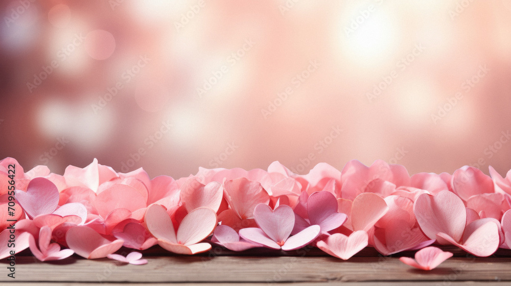 Fototapeta premium valentines day background with pink paper hearts on wooden table.