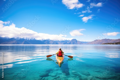 a man kayaking in a clear ocean bay with mountains photo