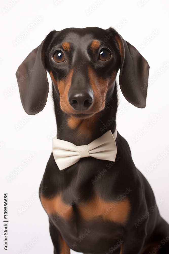 portrait of a dachshund wearing a bow tie