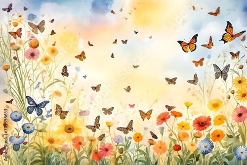 A summer meadow adorned with fluttering butterflies, showcasing a variety of vibrant flowers in full bloom, bathed in the warm glow of the sun. The butterflies dance in the air