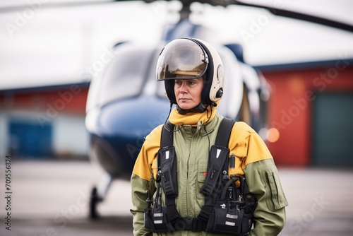 helicopter pilot with helmet on preparing for flight