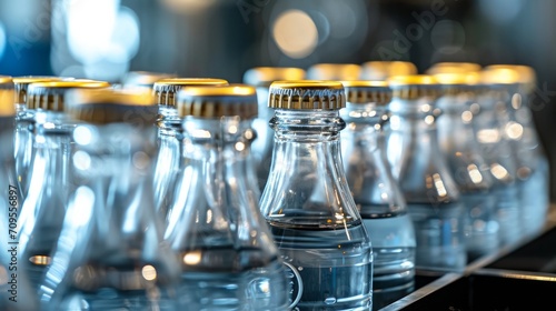 photo close view on clear unlabeled empty glass bottles for cold beverages and drinks 