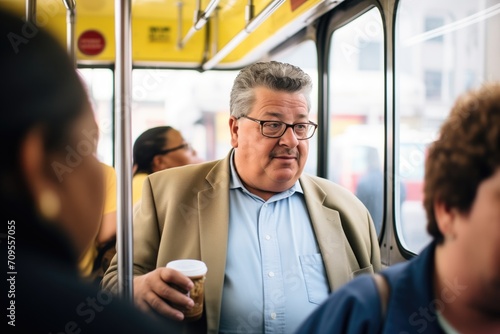 politician riding a bus conversing with passengers © Natalia