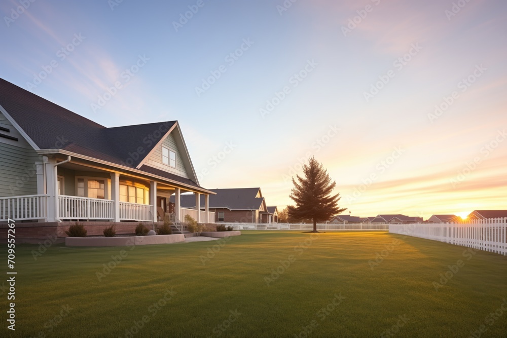 wideangle shot of a prairie neighborhood at sunrise wideangle shot of a prairie neighborhood at sunrise