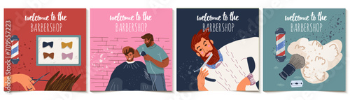Set of square cards, invitations, coupons, flyers with barbershop equipment, customers and barbers, beard shaving, hair cutting, barbershop atmosphere. flat illustration.