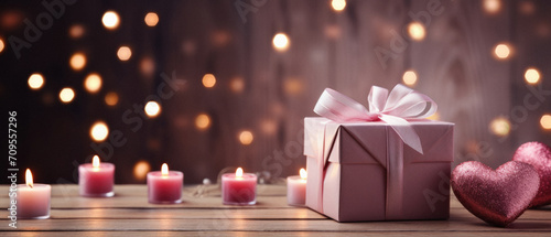 valentines Day background with candles and gift box on wooden table.
