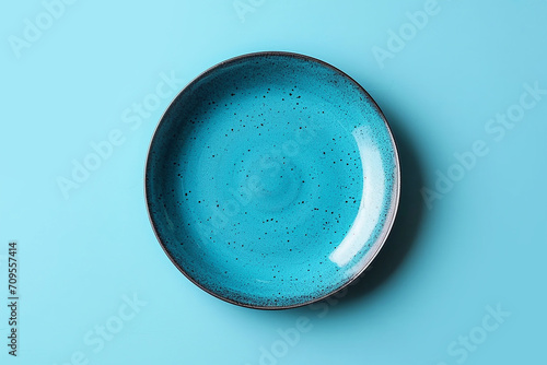 Empty plate on blue background top view, intermittent fasting concept. photo