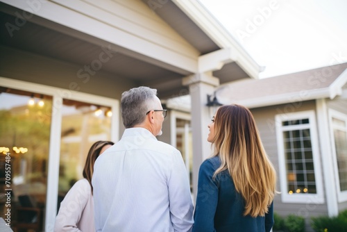 realtor with couple looking at a house exterior photo