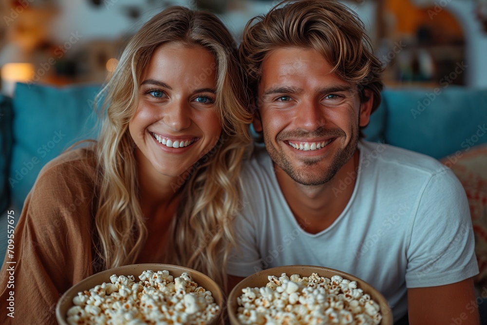man and woman watching TV, sitting on sofa in blue living room, eating popcorn man and woman watching TV, sitting on sofa in blue living room, eating popcorn