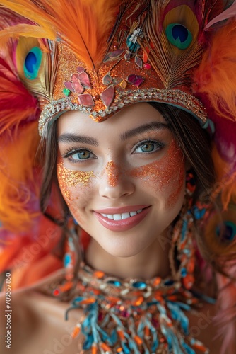 portrait of happy smiling woman in bright carnival Venetian Mask on white background