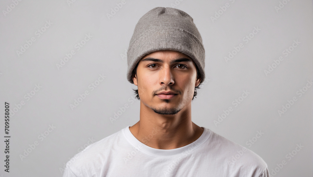 young man wearing a beanie on a white background - obrazy, fototapety, plakaty 