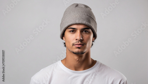 young man wearing a beanie on a white background photo