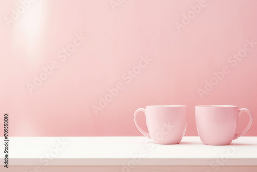 Two cups of coffee or tea on white shelf over pink wall background.