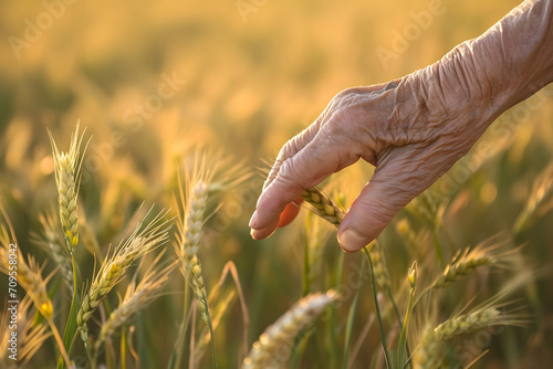 Altershand im Weizenfeld: Eine erfahrene Hand streicht sanft über die goldenen Ähren, eine berührende Verbindung zur Natur und der Erntesaison