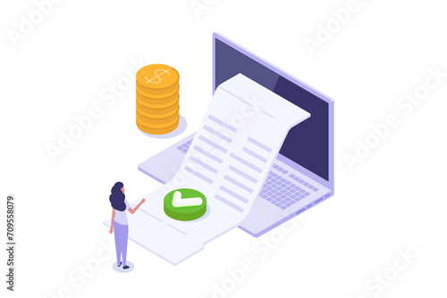 Isometric Approved credit bill, Payment approved concept. Vector illustration.