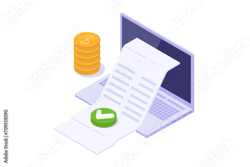 Isometric Approved credit bill, Payment approved concept. Vector illustration.