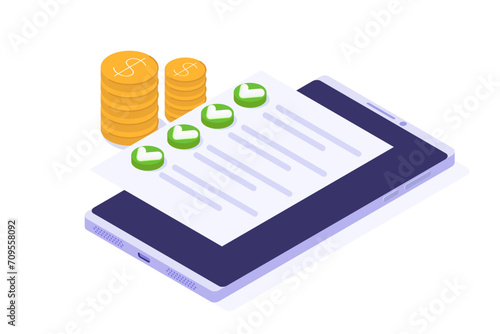 Isometric Approved credit bill, Payment approved concept. Vector illustration.