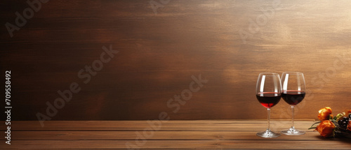 Two glasses of red wine on wooden background. Copy space for text.