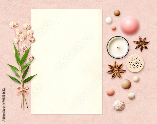 Horizontal eco backdrop. Blank paper sheet, green leaf, dry flower, star anise, candle, wooden bead. Ecology, environmental conservation and zero waste concept. Mockup template. Copy space for text