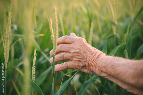 Altershand im Weizenfeld: Eine erfahrene Hand streicht sanft über die goldenen Ähren, eine berührende Verbindung zur Natur und der Erntesaison