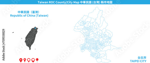 Taiwan Taipei vector map. Detailed map of Taipei city administrative area.