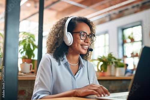 woman travel agent wearing headset, assisting clients online
