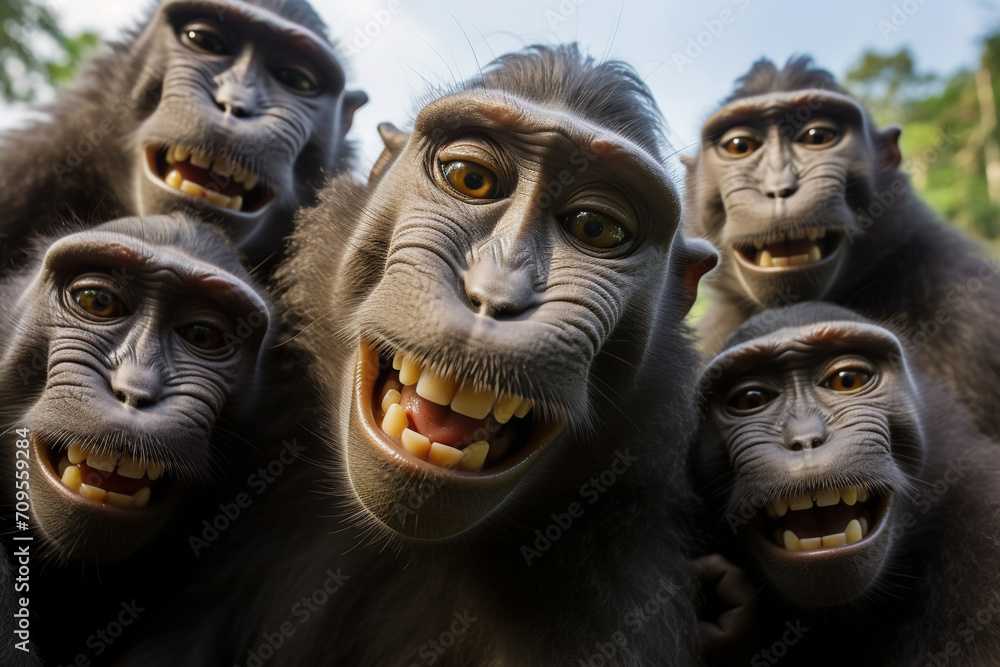 a group of cute monkeys taking selfies