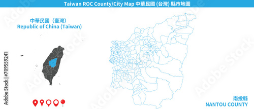 Taiwan Nantou vector map. Detailed map of Nantou County administrative area.