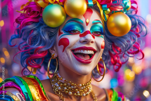Brazilian Carnival Delight a woman in clown costume, bright make-up, colorful hair, gold balloon crown and statement necklace celebrating in pink and purple-blue center