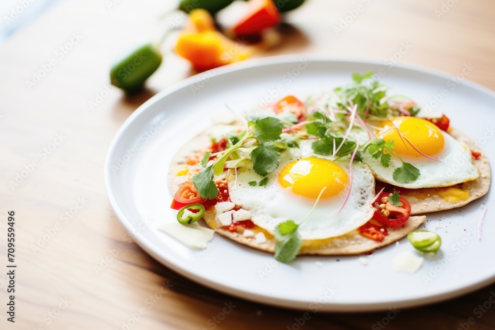 huevos rancheros on white plate, natural light, minimalist styling huevos rancheros on white plate, natural light, minimalist styling