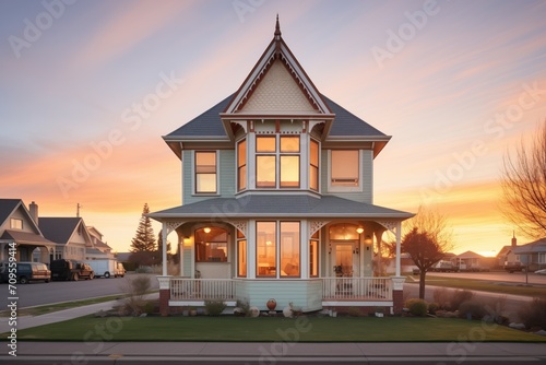 victorian home with bay window at sunset photo