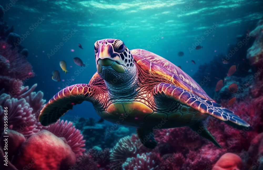 Fototapeta premium a turtle swimming in the ocean with corals and other fish around it's neck and head, generative, ai