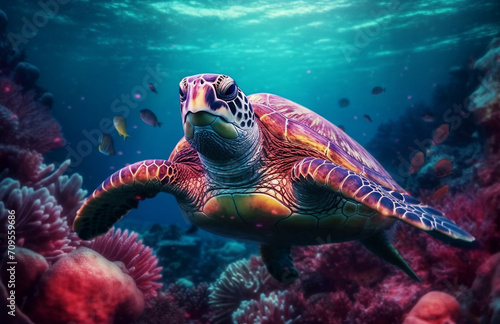 a turtle swimming in the ocean with corals and other fish around it's neck and head, generative, ai