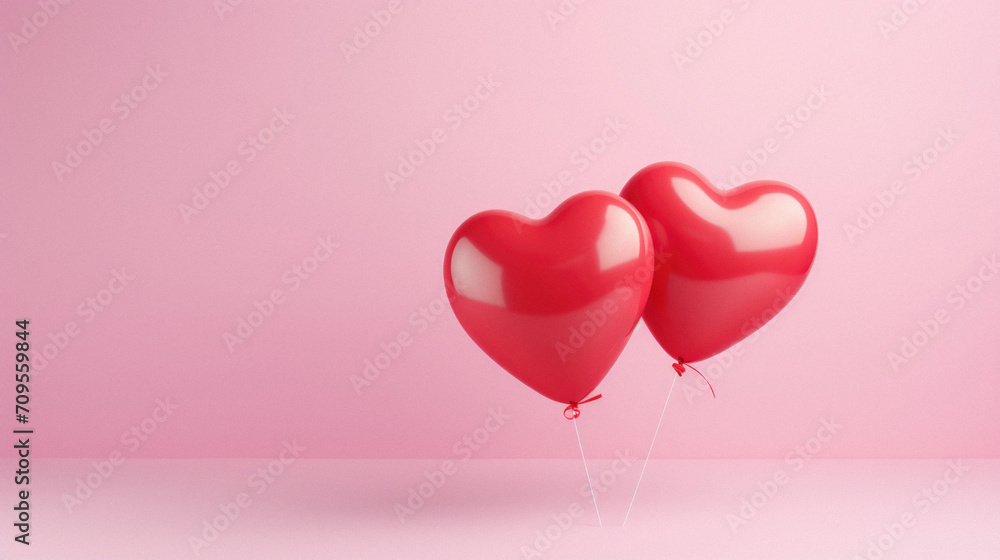 Two red heart shaped balloons on a pink background.  .