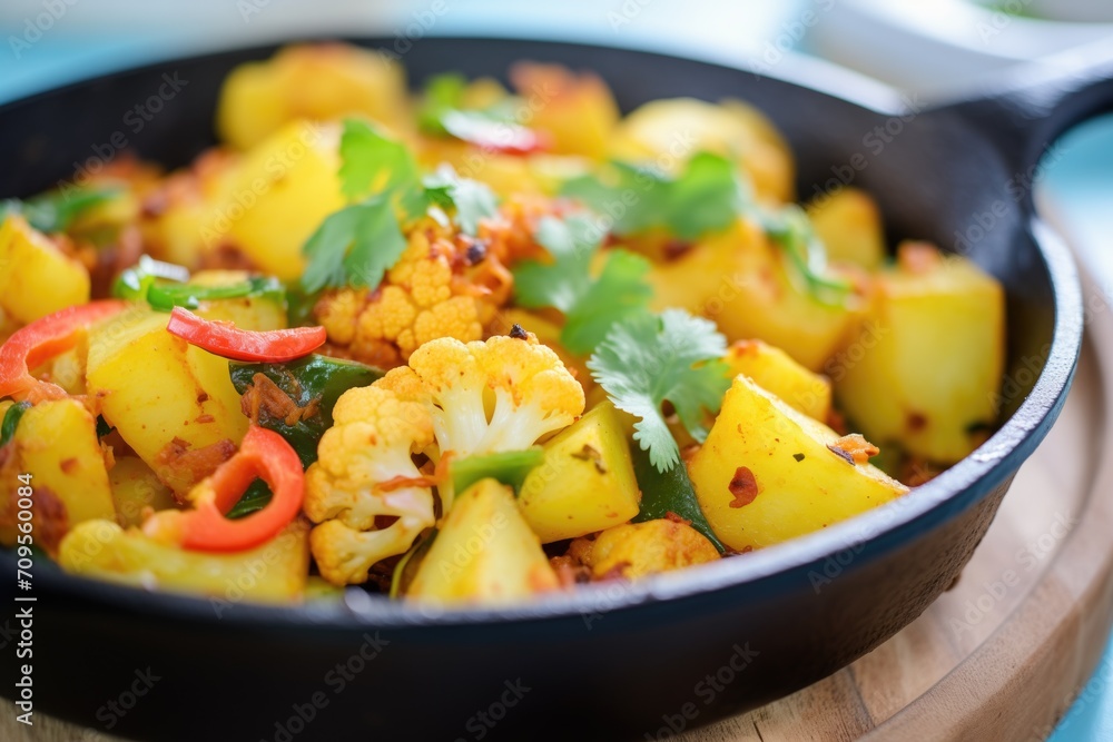 close-up of aloo gobi in a cast iron skillet close-up of aloo gobi in a cast iron skillet