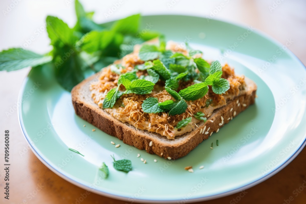 artfully arranged almond butter toast with a sprig of mint on top