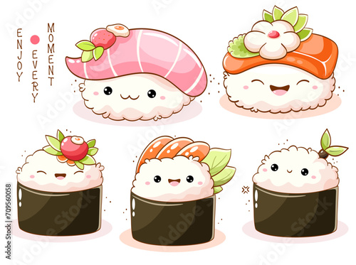 Set of cute sushi and rolls in kawaii style with smiling faces. Japanese traditional cuisine dishes. Can be used for t-shirt print, sticker, greeting card, menu design. Vector illustration EPS8  