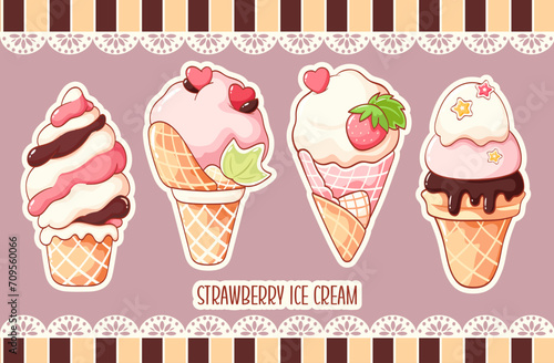Set of strawberry ice cream in kawaii style for sweet design. Sundae, gelato in waffle cone. Cute summer food collection in retro style. Vector illustration EPS8