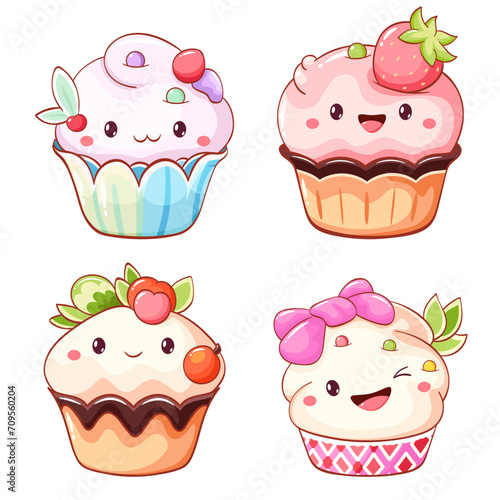 Set of cute sweet desserts in kawaii style with smiling face and pink cheeks. Cake, muffin and cupcake with whipped cream, cherry and strawberry. Vector illustration EPS8