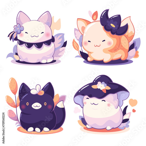 Hello autumn. Set of little kitty in kawaii style. Tiny baby cat in multiple poses. Cute kitten expression sheet collection. Can be used for t-shirt print, sticker, greeting card. Vector EPS8
