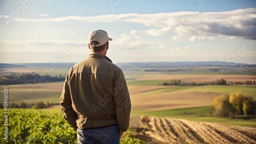 A farmer stands at the edge of his field, gazing out at the picturesque landscape that has been preserved thanks to his adoption of conservation tillage ods, reducing soil erosion and ensuring photo