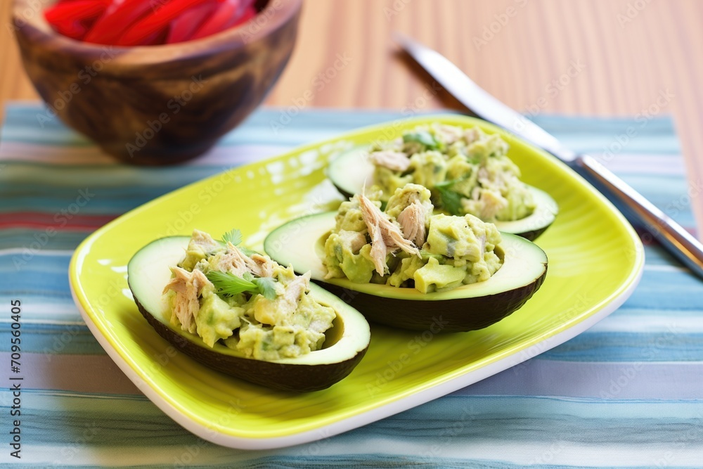 stuffed avocado halves with tuna salad on a green placemat stuffed avocado halves with tuna salad on a green placemat