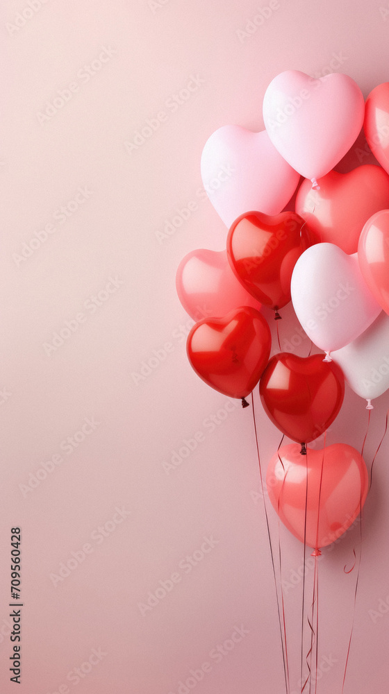 Valentine's day background with red and pink heart shaped balloons.