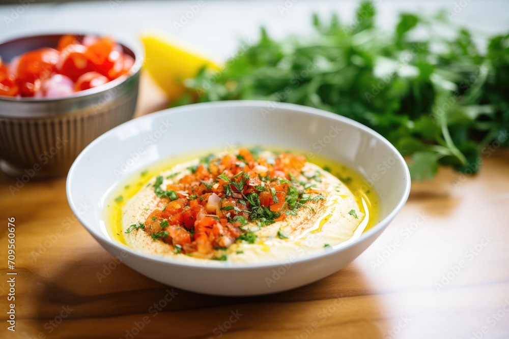 hummus bowl with olive oil drizzle, paprika, and parsley garnish hummus bowl with olive oil drizzle, paprika, and parsley garnish