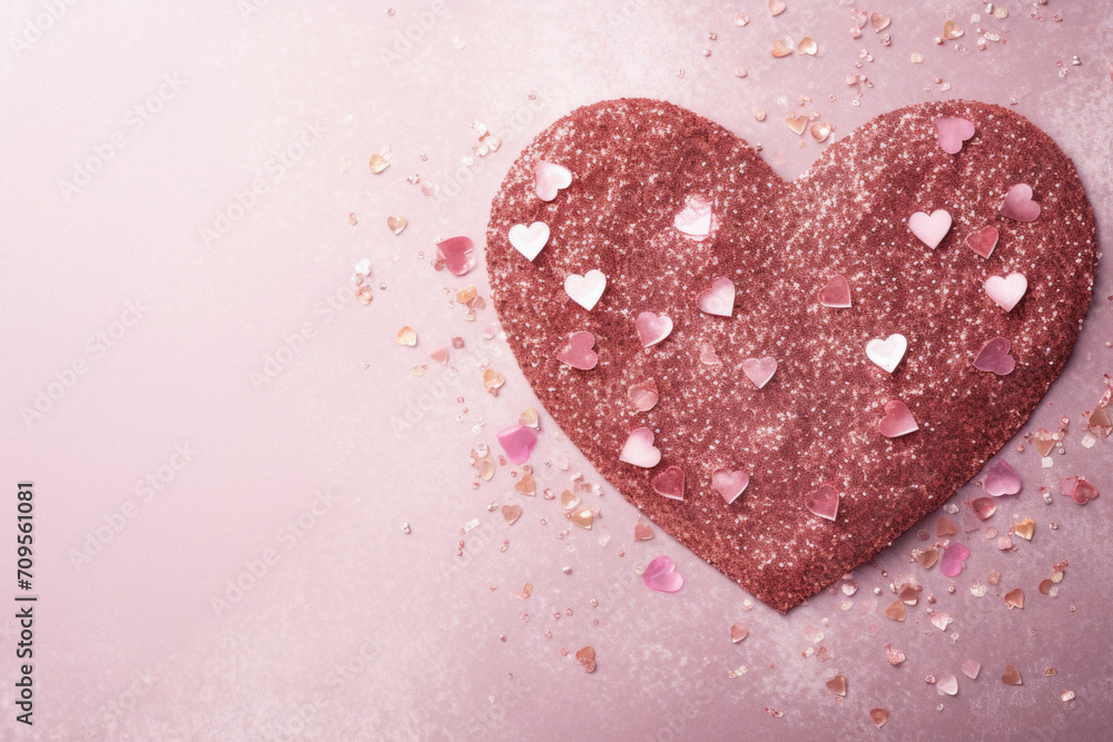 Valentine's day background with pink heart and confetti.